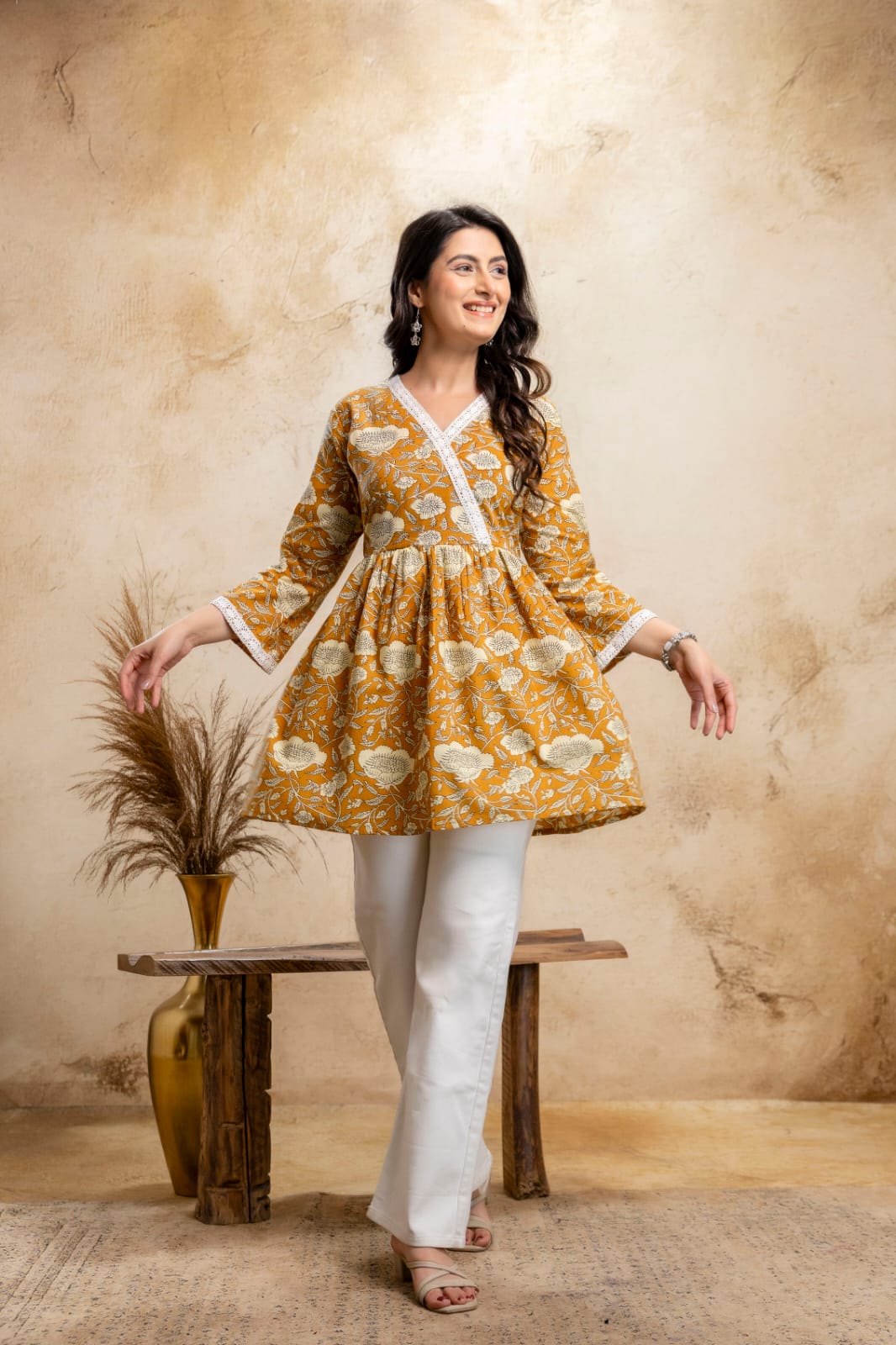 Mustard Floral Cotton Short Kurti – V Neck Lace Detail
