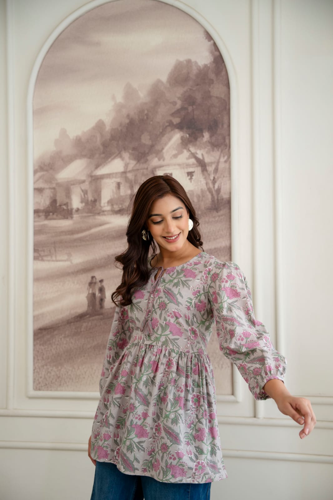 Floral Cotton Short Kurti – Tie-Up Neck Detail - Grey Pink