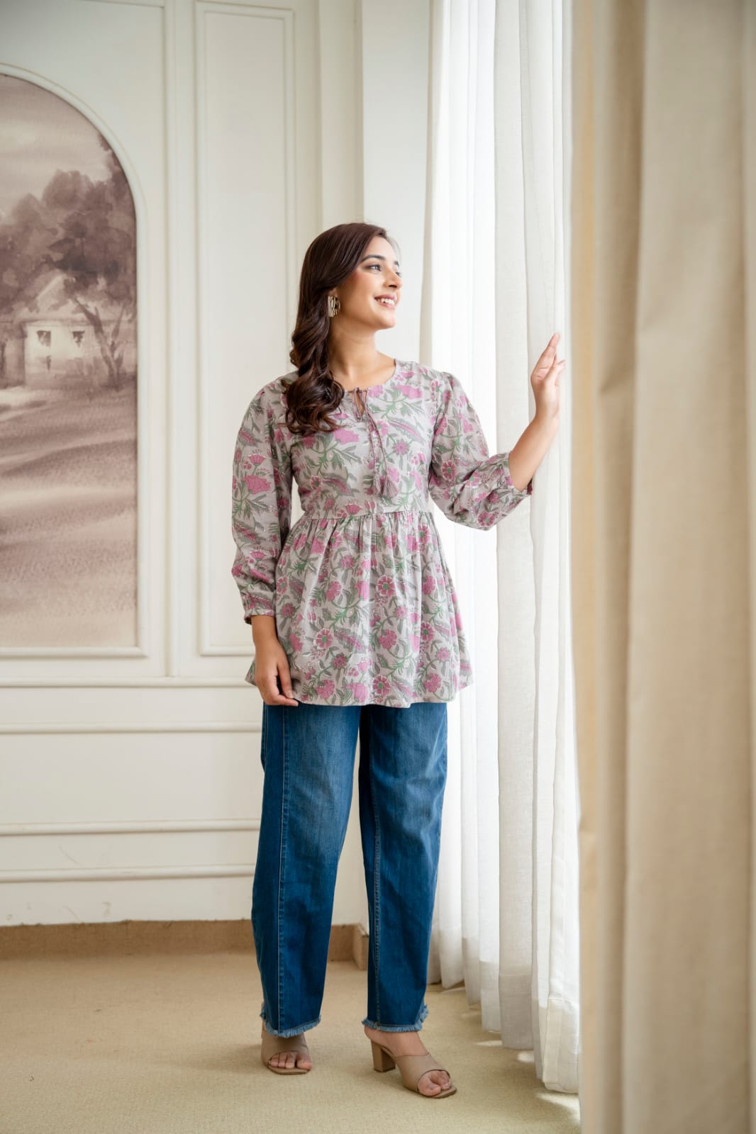 Floral Cotton Short Kurti – Tie-Up Neck Detail - Grey Pink