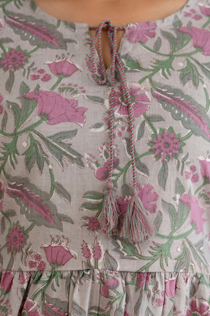 Floral Cotton Short Kurti – Tie-Up Neck Detail - Grey Pink