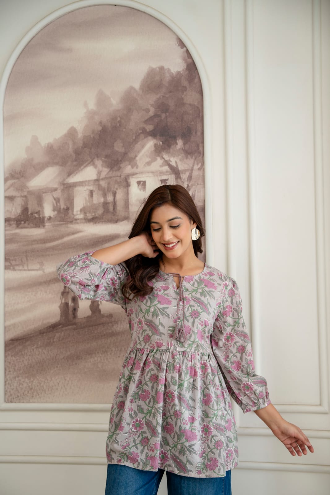Floral Cotton Short Kurti – Tie-Up Neck Detail - Grey Pink