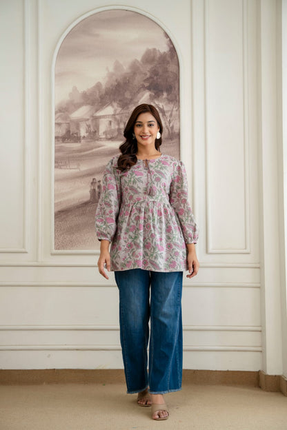 Floral Cotton Short Kurti – Tie-Up Neck Detail - Grey Pink