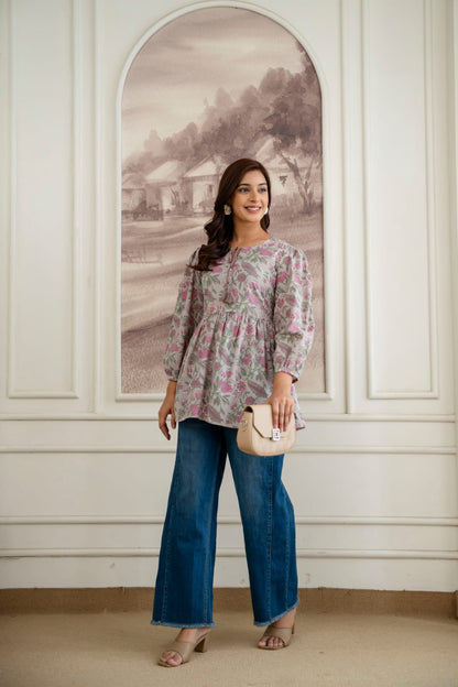 Floral Cotton Short Kurti – Tie-Up Neck Detail - Grey Pink