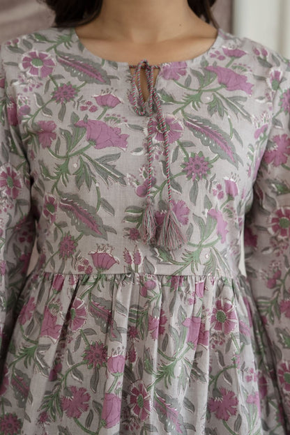 Floral Cotton Short Kurti – Tie-Up Neck Detail - Grey Pink
