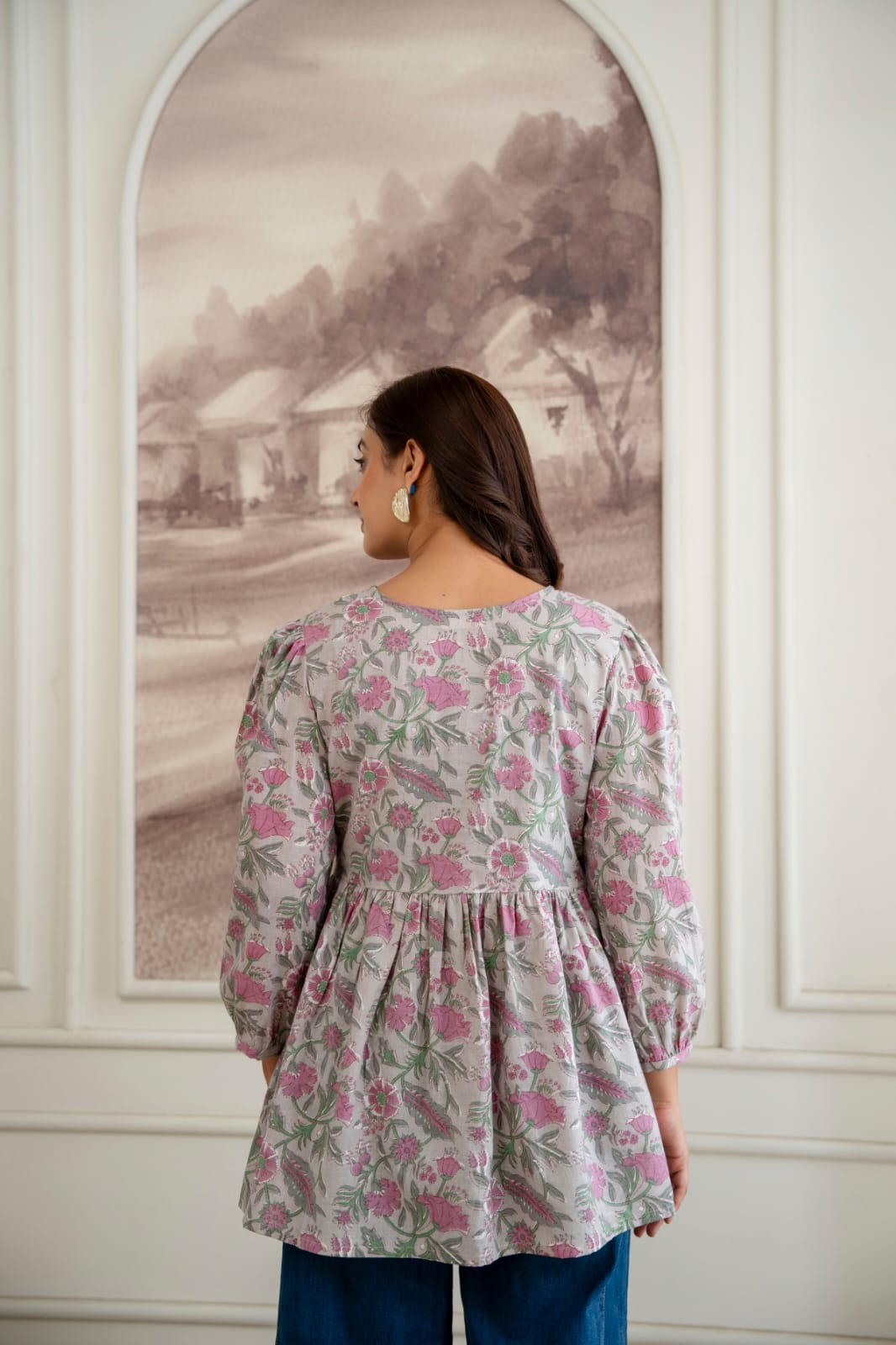 Floral Cotton Short Kurti – Tie-Up Neck Detail - Grey Pink