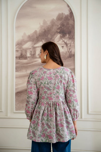 Floral Cotton Short Kurti – Tie-Up Neck Detail - Grey Pink