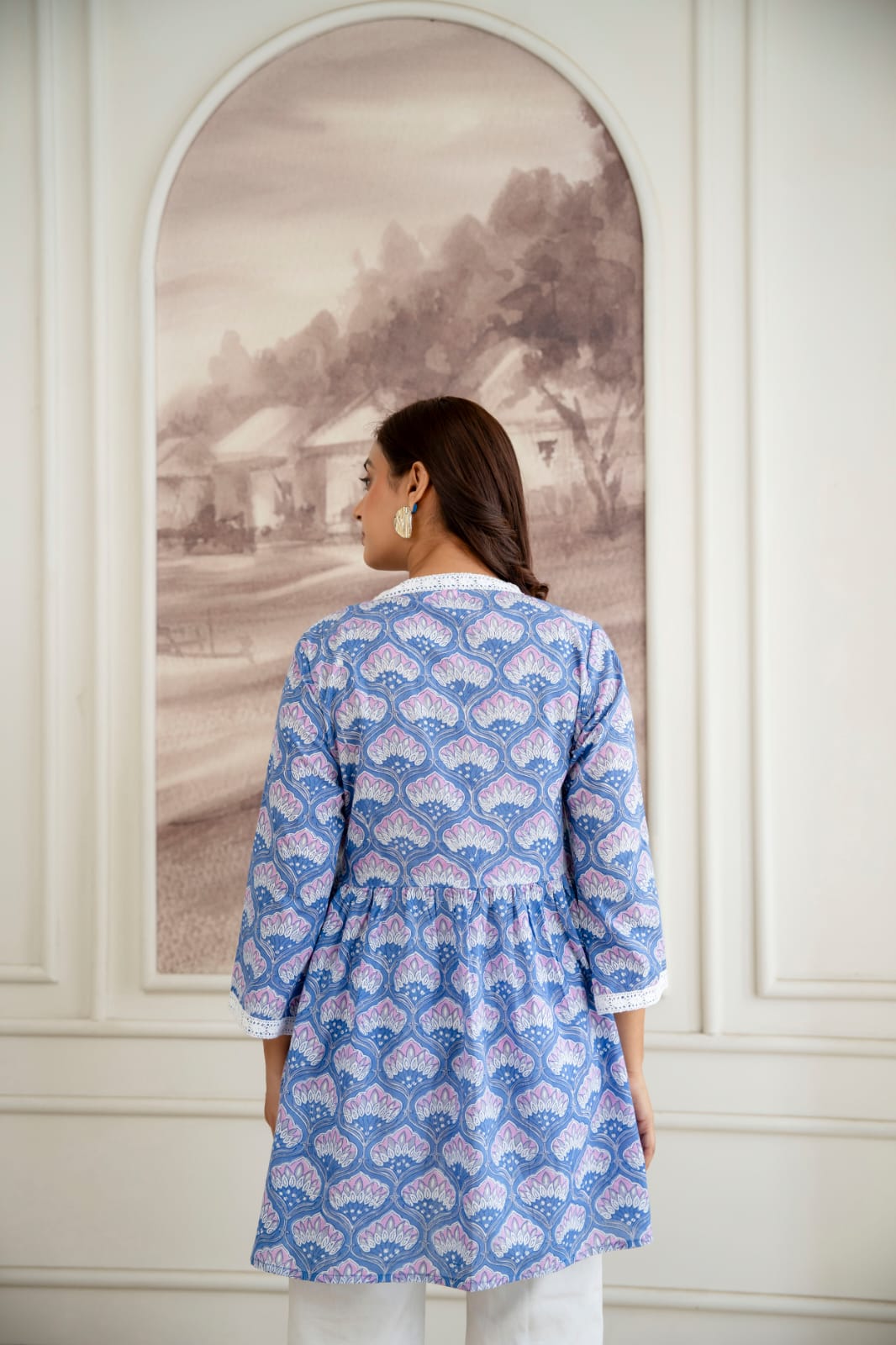 Floral Cotton Short Kurti –  V Neck Lace Detail - Blue Lavender