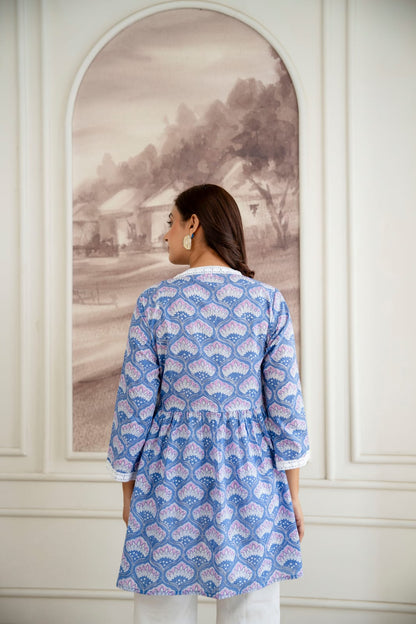 Floral Cotton Short Kurti –  V Neck Lace Detail - Blue Lavender