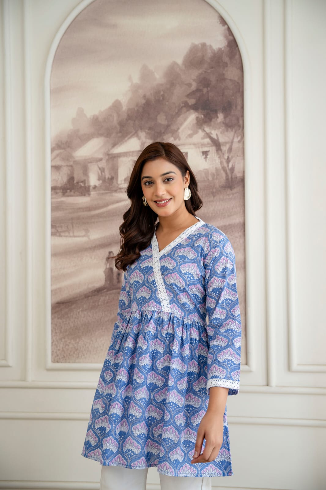 Floral Cotton Short Kurti –  V Neck Lace Detail - Blue Lavender