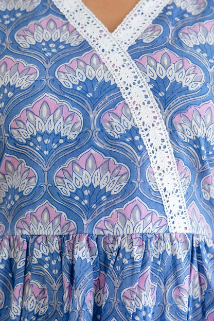 Floral Cotton Short Kurti –  V Neck Lace Detail - Blue Lavender