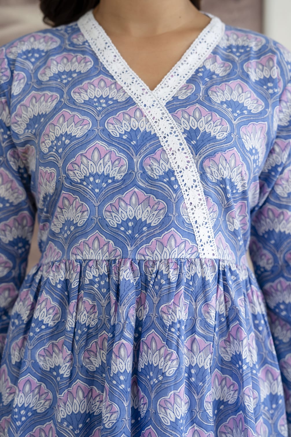 Floral Cotton Short Kurti –  V Neck Lace Detail - Blue Lavender