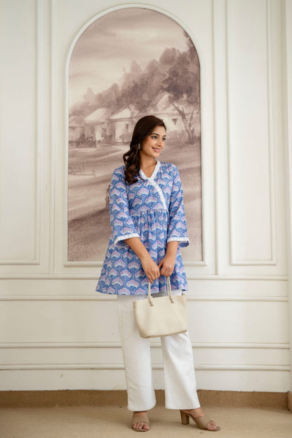 Floral Cotton Short Kurti –  V Neck Lace Detail - Blue Lavender