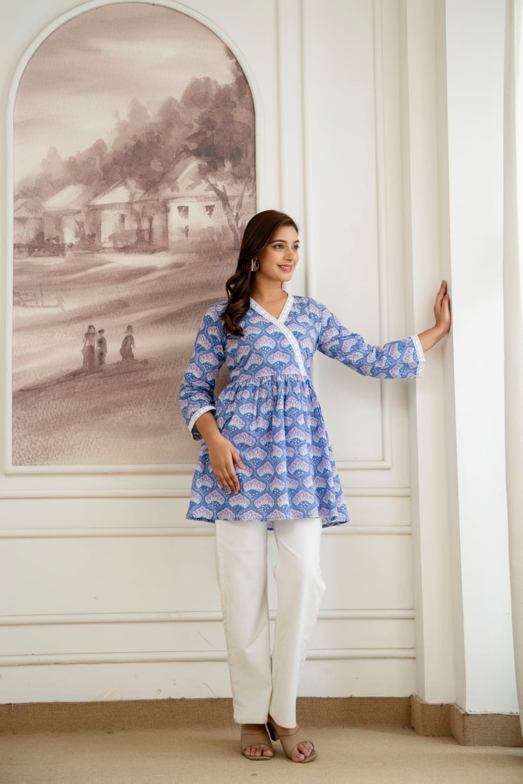 Floral Cotton Short Kurti –  V Neck Lace Detail - Blue Lavender