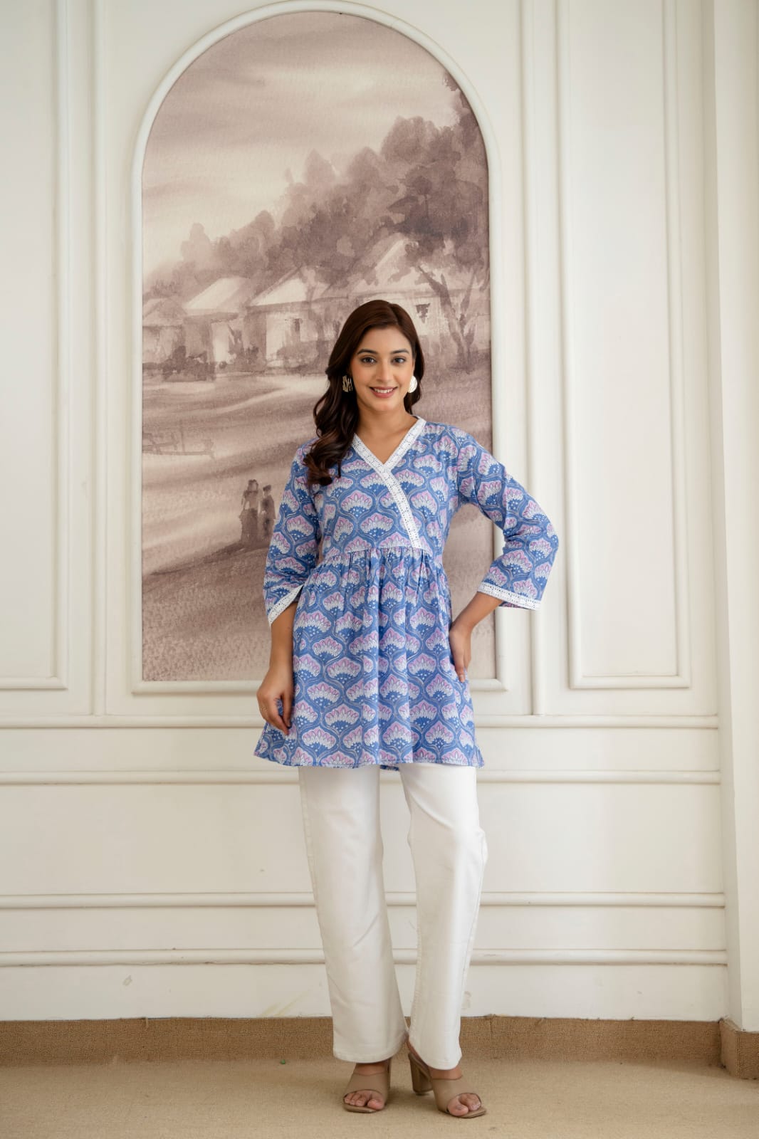 Floral Cotton Short Kurti –  V Neck Lace Detail - Blue Lavender