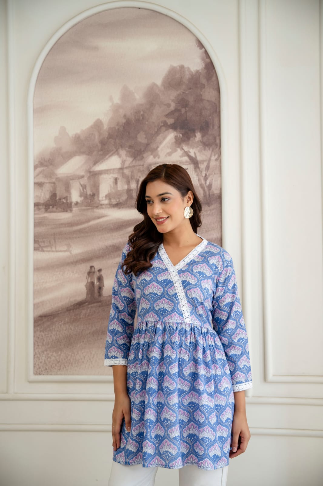 Floral Cotton Short Kurti –  V Neck Lace Detail - Blue Lavender
