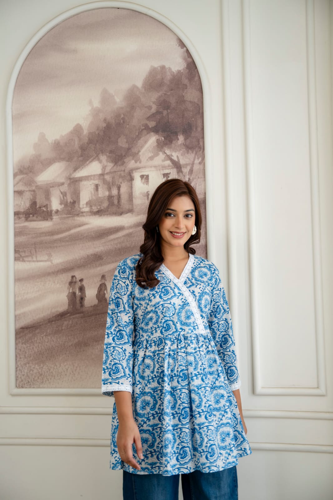 Paisley Cotton Short Kurti – V Neck Lace Detail - Blue White
