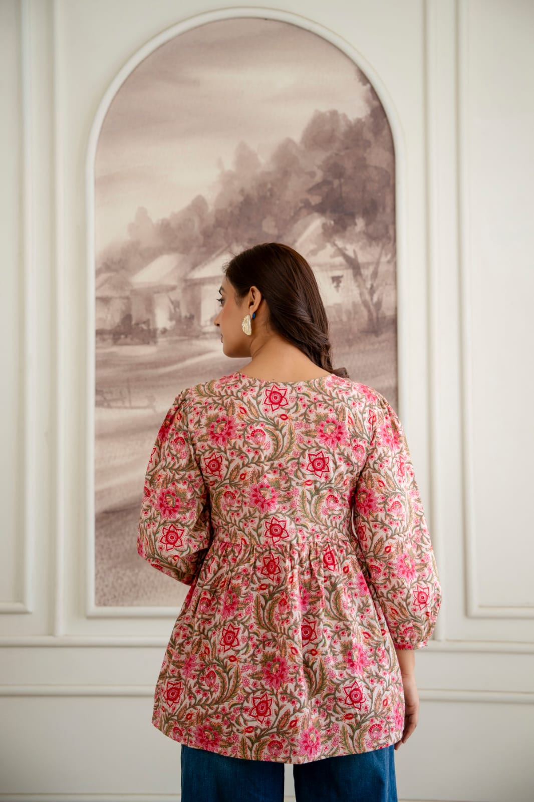 Floral Cotton Short Kurti – Tie-Up Neck Detail - Beige Pink