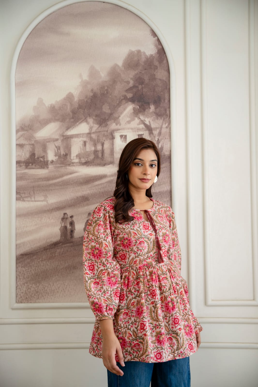 Floral Cotton Short Kurti – Tie-Up Neck Detail - Beige Pink