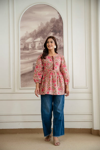 Floral Cotton Short Kurti – Tie-Up Neck Detail - Beige Pink