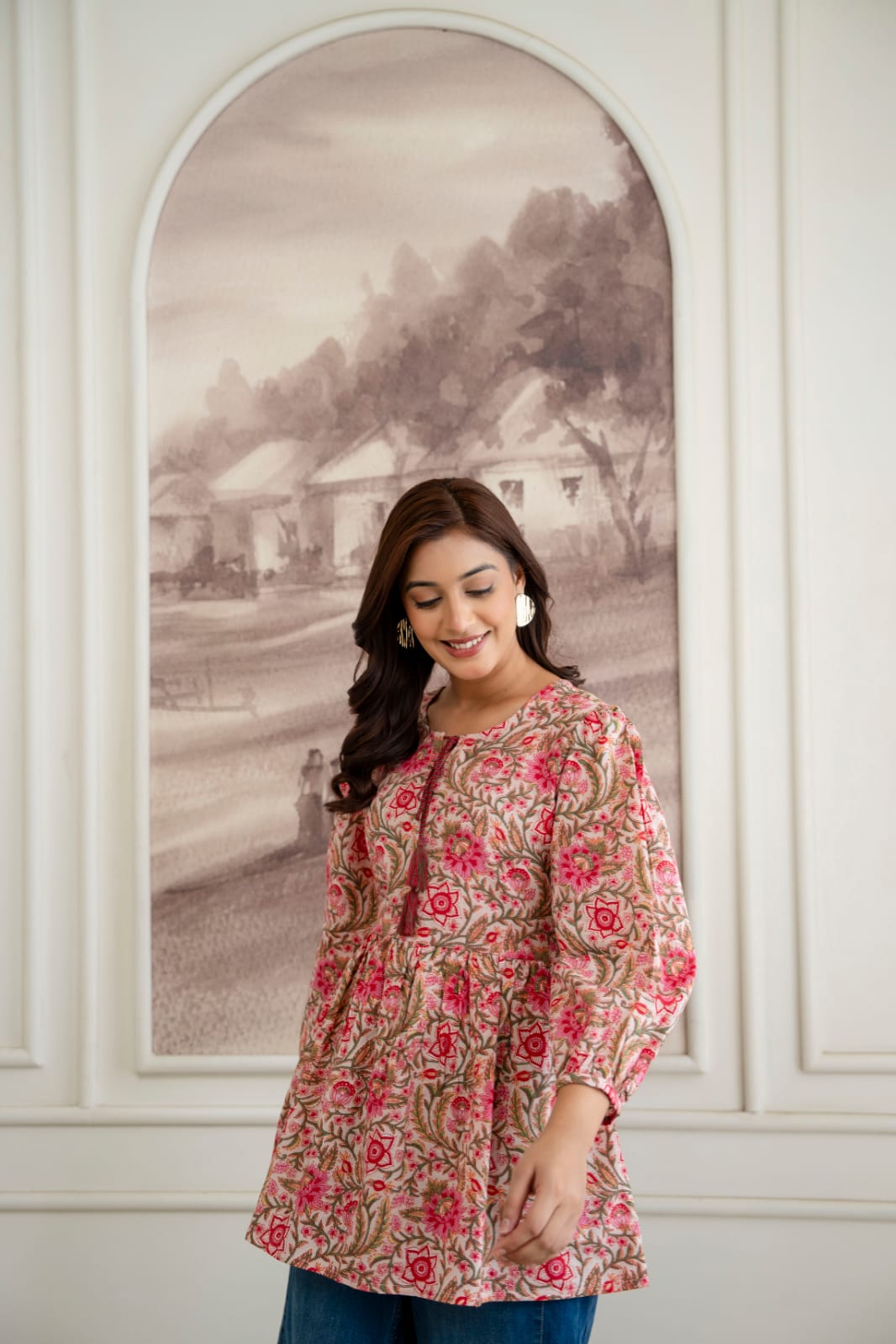 Floral Cotton Short Kurti – Tie-Up Neck Detail - Beige Pink