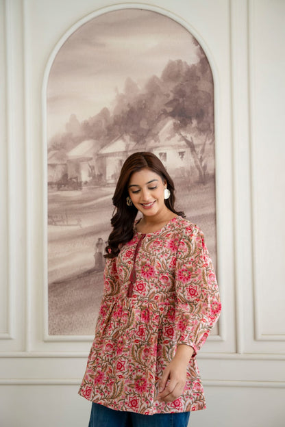 Floral Cotton Short Kurti – Tie-Up Neck Detail - Beige Pink