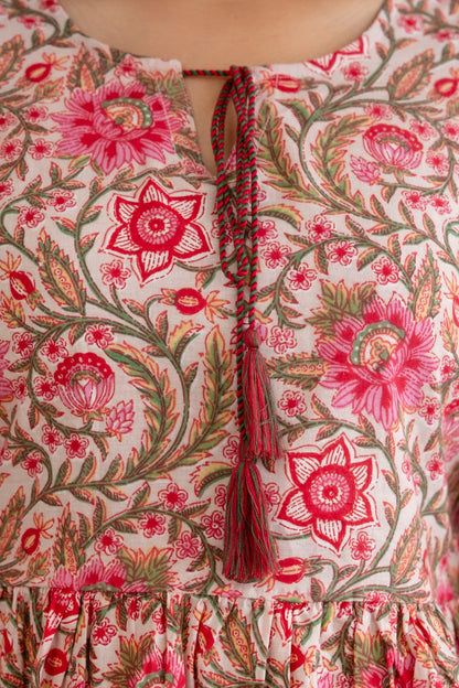 Floral Cotton Short Kurti – Tie-Up Neck Detail - Beige Pink