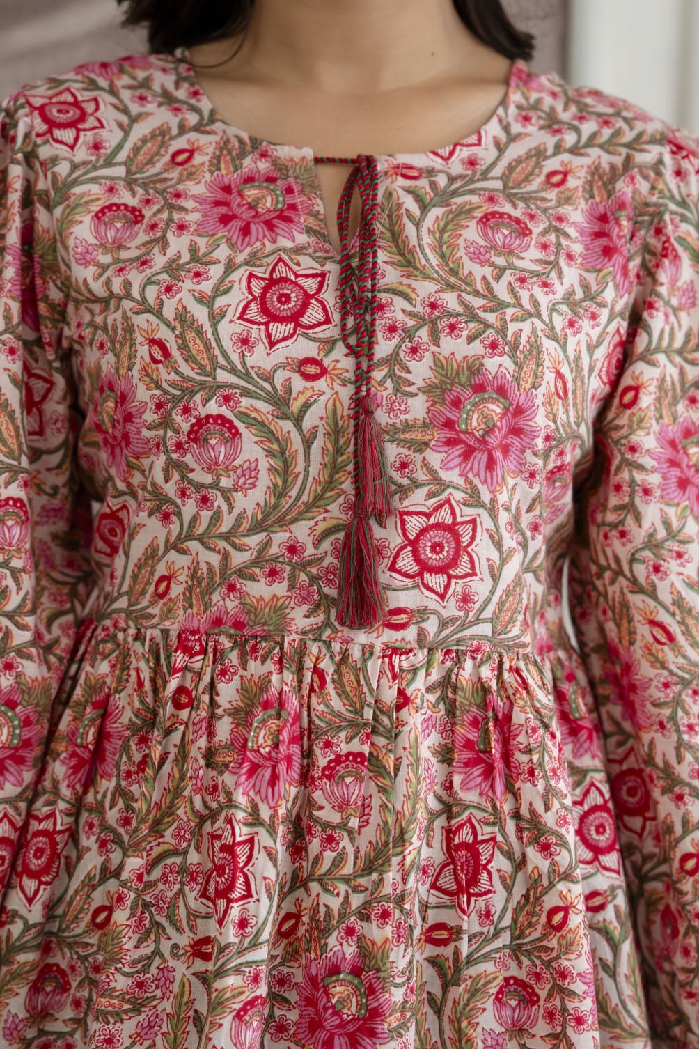 Floral Cotton Short Kurti – Tie-Up Neck Detail - Beige Pink