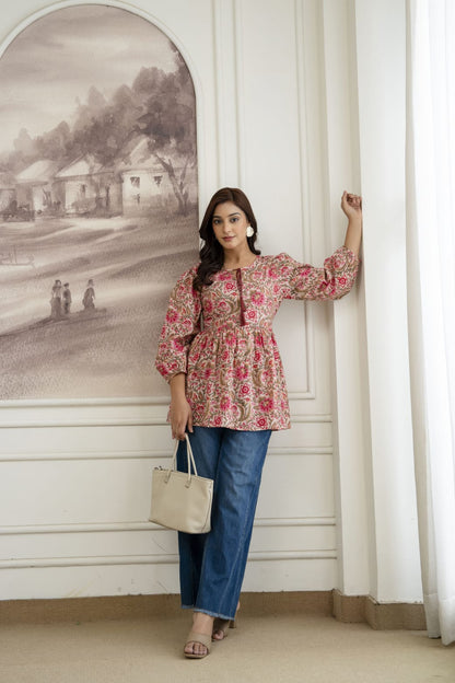 Floral Cotton Short Kurti – Tie-Up Neck Detail - Beige Pink
