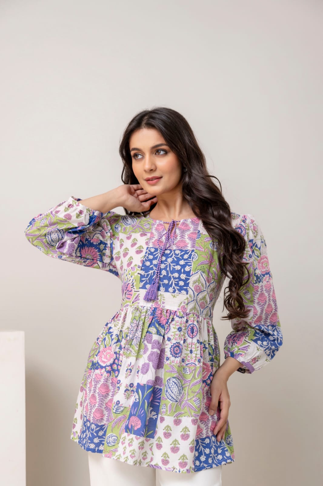 Patchwork Floral Cotton Short Kurti – Tie-Up Neck Detail - Multicolor