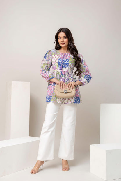 Patchwork Floral Cotton Short Kurti – Tie-Up Neck Detail - Multicolor