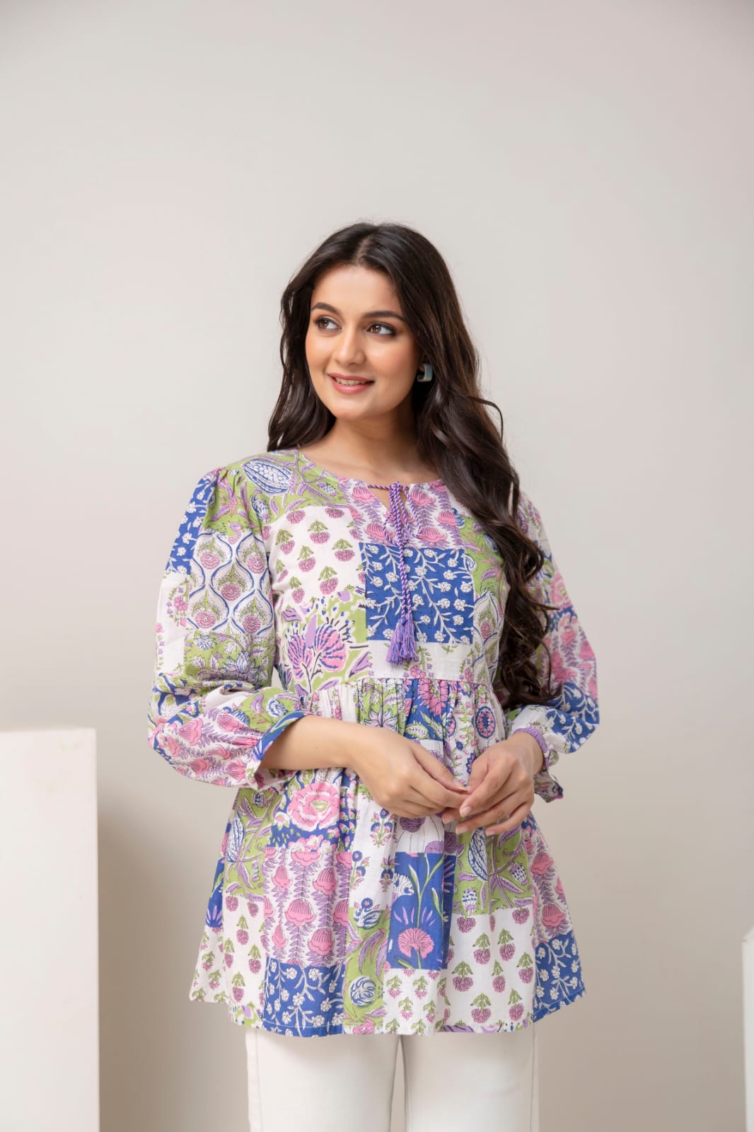 Patchwork Floral Cotton Short Kurti – Tie-Up Neck Detail - Multicolor