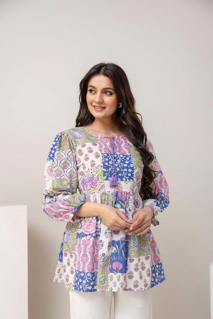 Patchwork Floral Cotton Short Kurti – Tie-Up Neck Detail - Multicolor