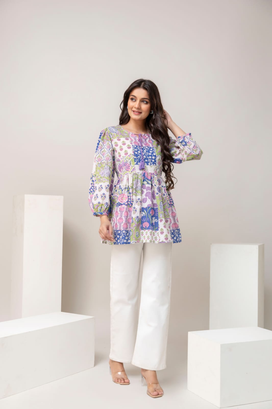 Patchwork Floral Cotton Short Kurti – Tie-Up Neck Detail - Multicolor