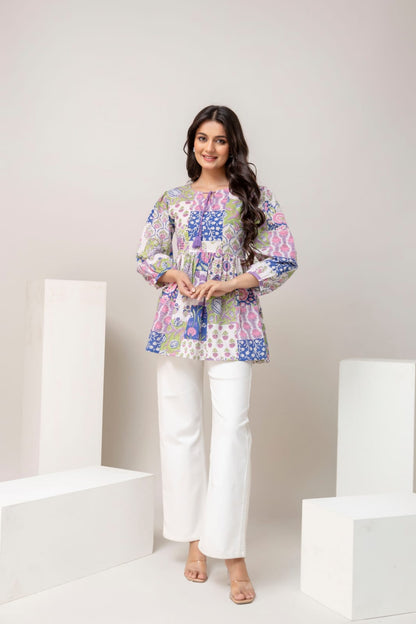 Patchwork Floral Cotton Short Kurti – Tie-Up Neck Detail - Multicolor