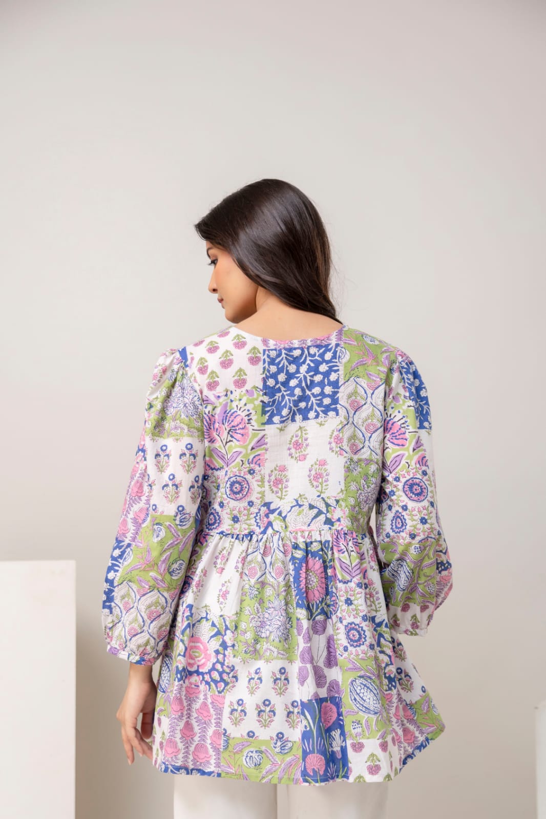 Patchwork Floral Cotton Short Kurti – Tie-Up Neck Detail - Multicolor