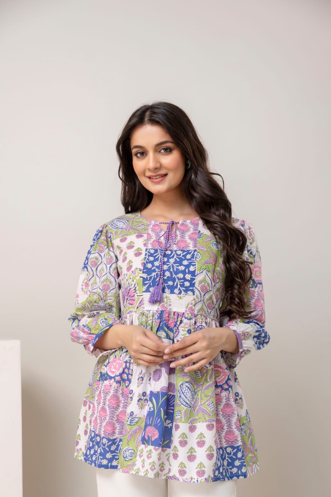 Patchwork Floral Cotton Short Kurti – Tie-Up Neck Detail - Multicolor