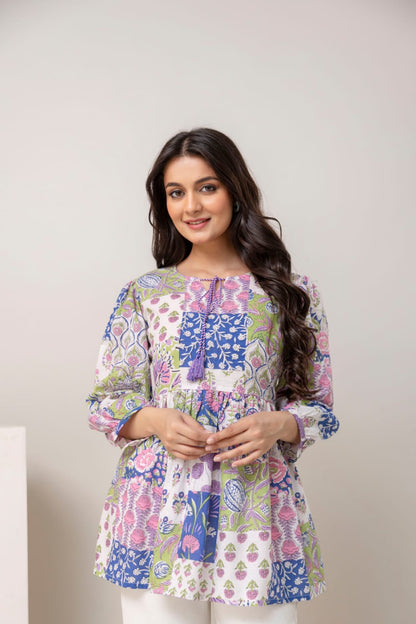 Patchwork Floral Cotton Short Kurti – Tie-Up Neck Detail - Multicolor