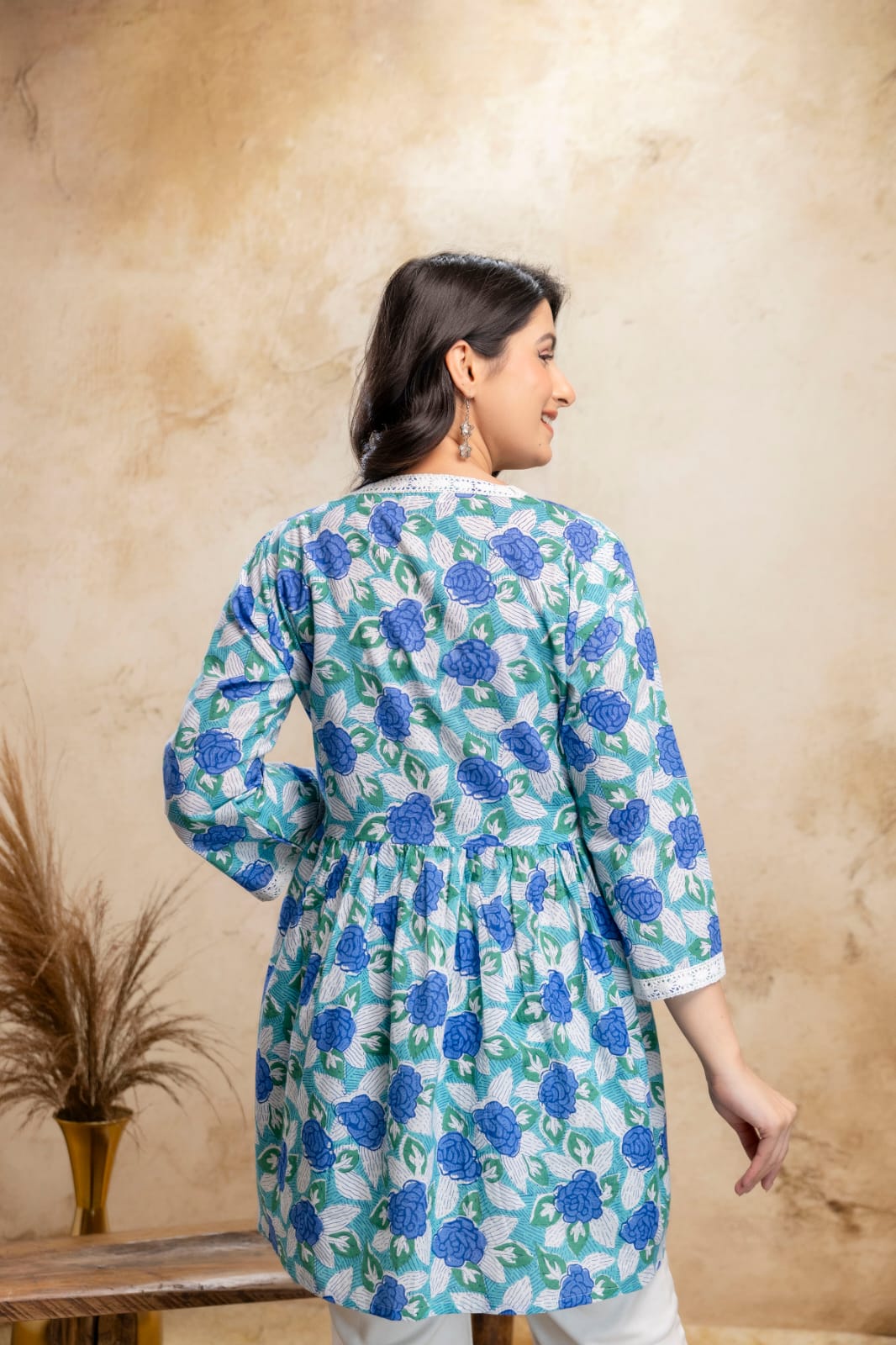 Teal Blue Floral Cotton Short Kurti – V Neck Lace Detail