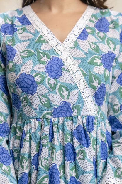 Teal Blue Floral Cotton Short Kurti – V Neck Lace Detail