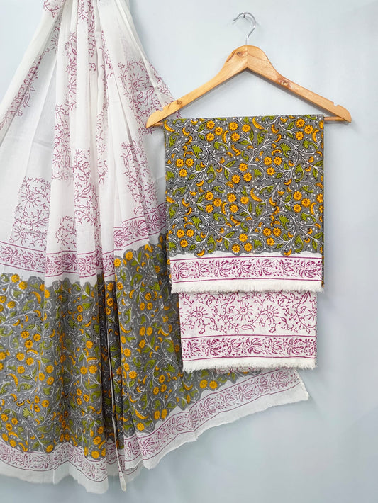 Hand Block Cotton Salwar Suit Set with Cotton Dupatta  - TSPSMVJ118