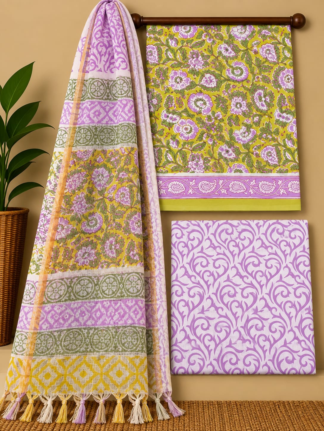 Olive Green Floral Jaal Cotton Suit Set with Kota Doria Dupatta