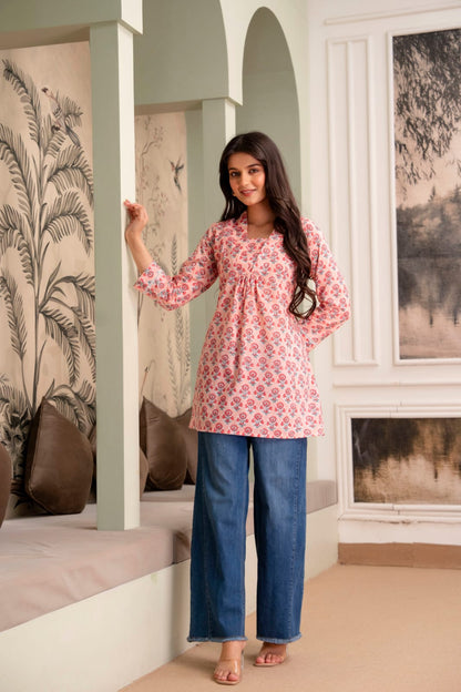 Peach Floral Buti Cotton Short Kurti for Women