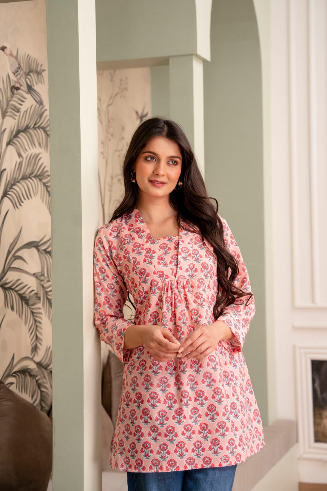 Peach Floral Buti Cotton Short Kurti for Women