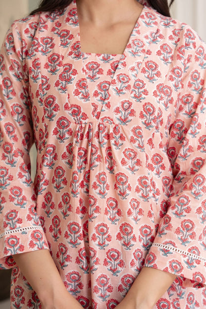 Peach Floral Buti Cotton Short Kurti for Women