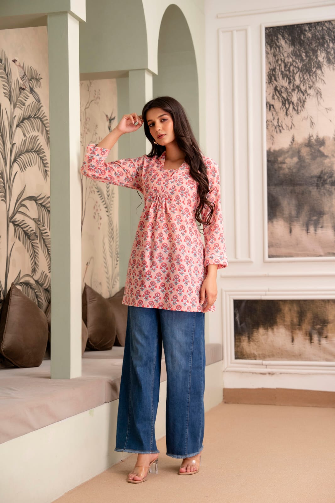 Peach Floral Buti Cotton Short Kurti for Women
