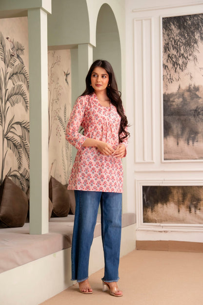 Peach Floral Buti Cotton Short Kurti for Women