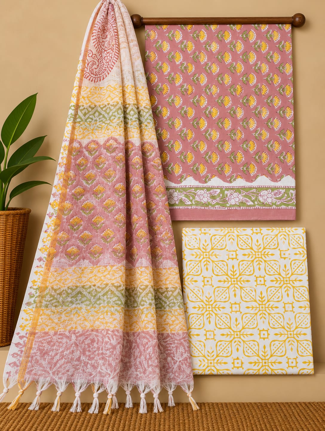 Pink Floral Booti Cotton Suit Set with Kota Doria Dupatta