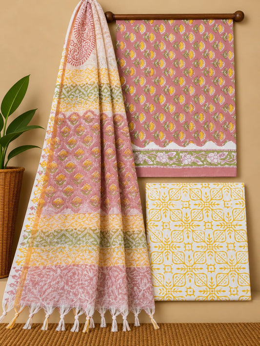 Pink Floral Booti Cotton Suit Set with Kota Doria Dupatta
