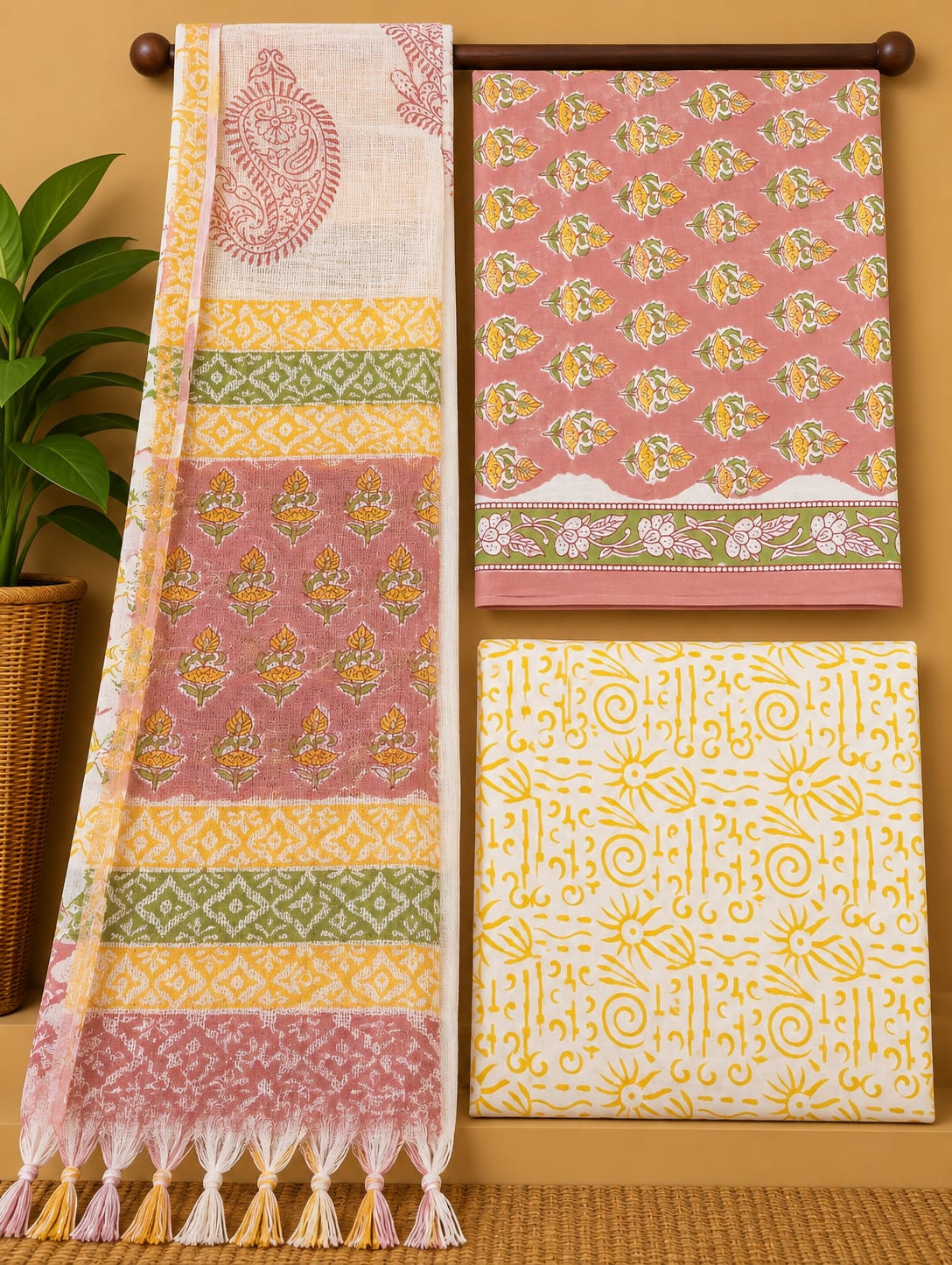 Pink Floral Booti Cotton Suit Set with Kota Doria Dupatta