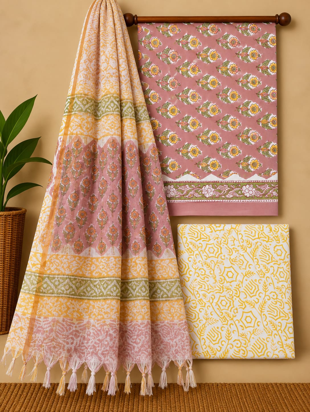 Pink Floral Booti Cotton Suit Set with Kota Doria Dupatta